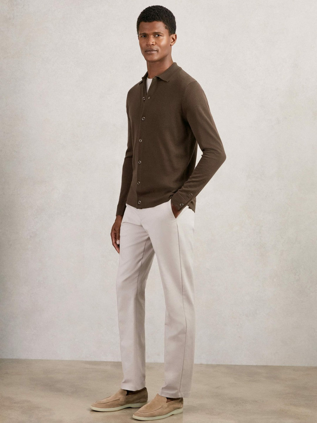 Merino Wool Button-Through Cardigan in Chocolate Brown Men | Reiss