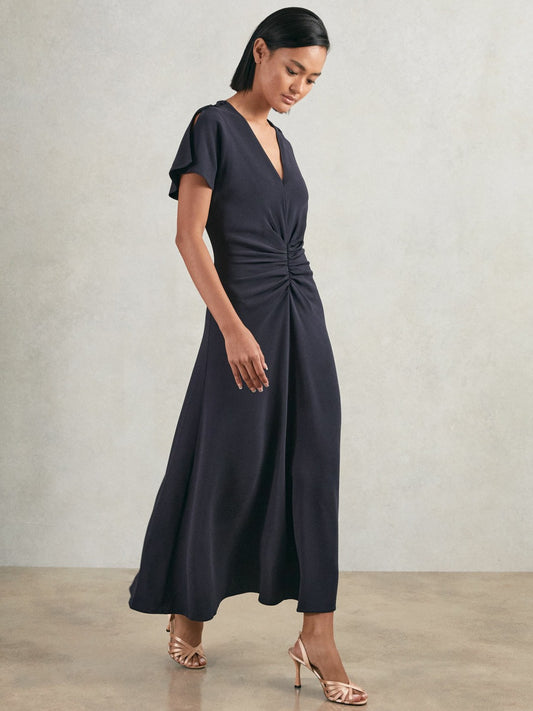 Ruched-Front Midi Dress in Navy Women | Reiss