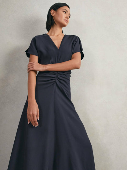 Ruched-Front Midi Dress in Navy Women | Reiss