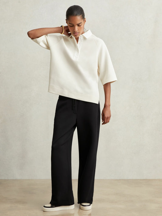 Wide-Leg Interlock Drawstring Joggers in Black Women | Reiss