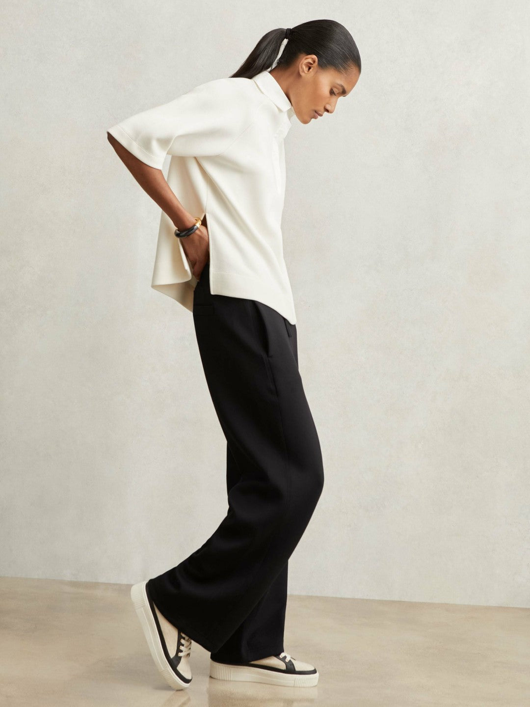Wide-Leg Interlock Drawstring Joggers in Black Women | Reiss