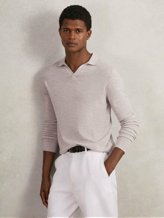 Merino Wool Open-Collar Polo Shirt in Wicker Brown Melange Men | Reiss