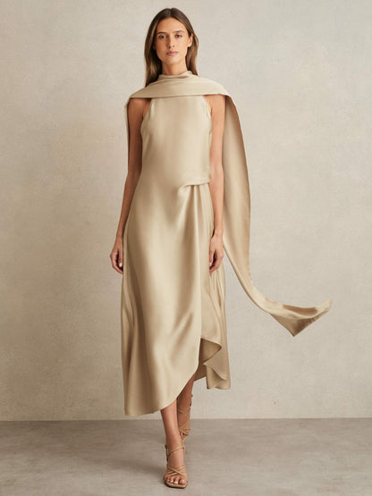 Satin Tuck-Detail Cape Midi Dress in Champagne Neutral Women | Reiss