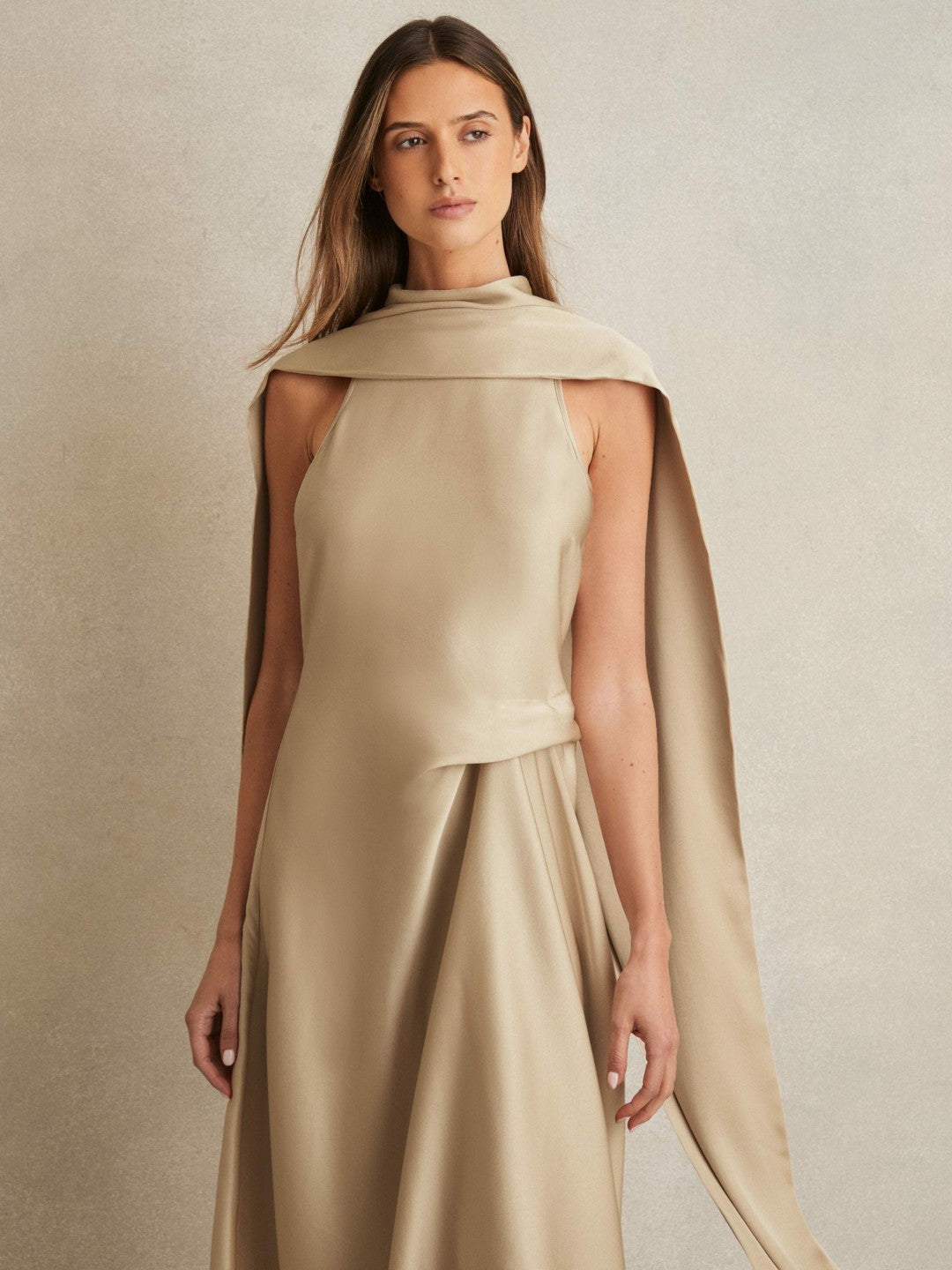 Satin Tuck-Detail Cape Midi Dress in Champagne Neutral Women | Reiss