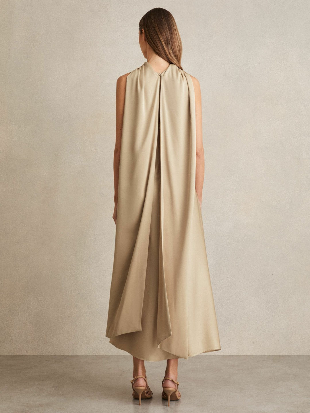 Satin Tuck-Detail Cape Midi Dress in Champagne Neutral Women | Reiss