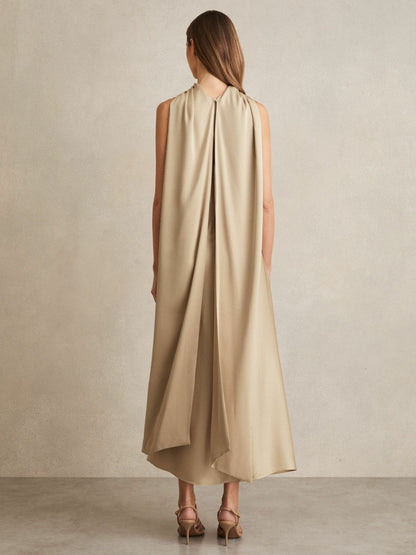 Satin Tuck-Detail Cape Midi Dress in Champagne Neutral Women | Reiss