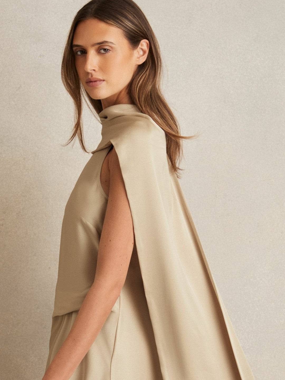 Satin Tuck-Detail Cape Midi Dress in Champagne Neutral Women | Reiss