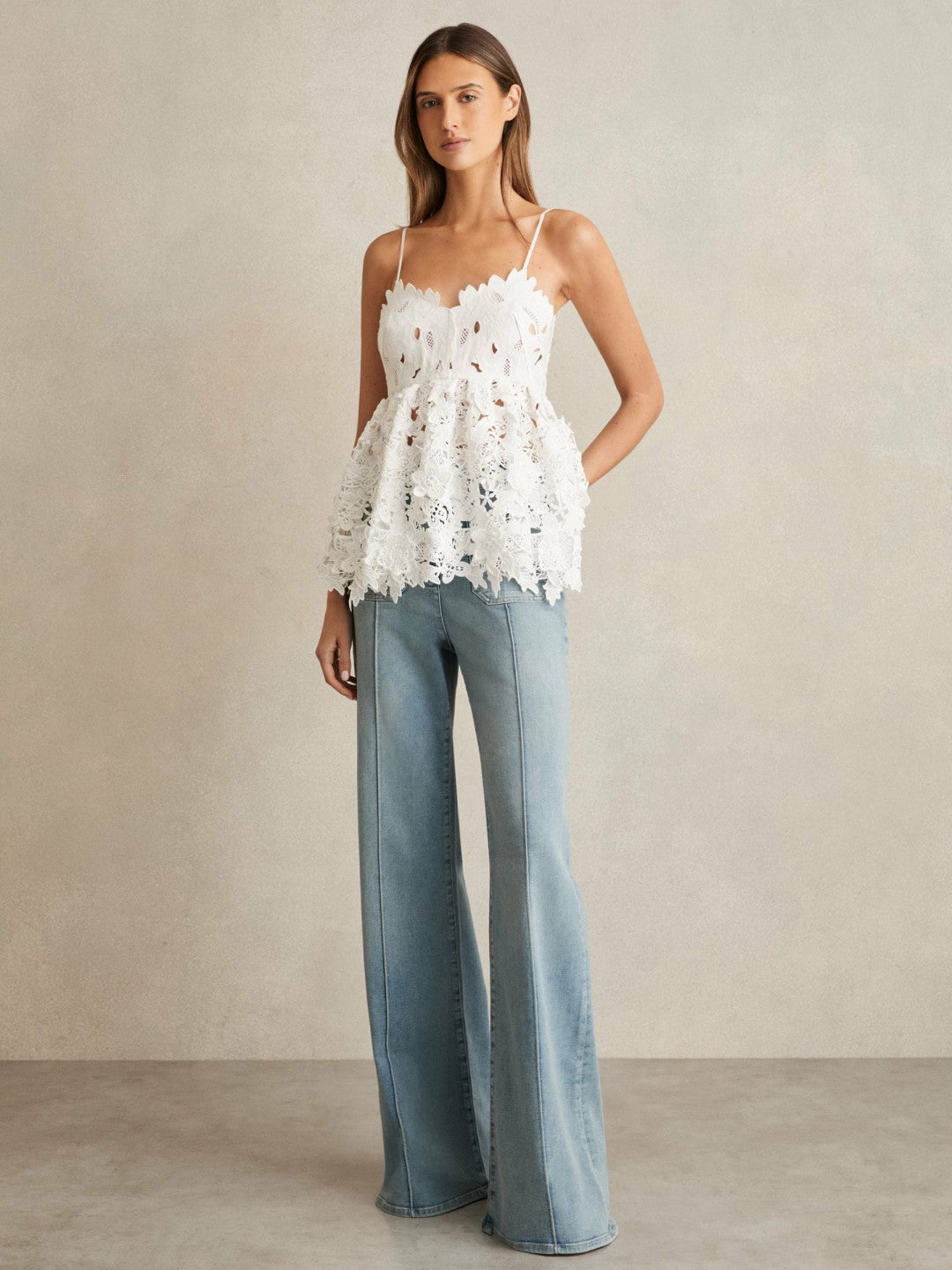 Cotton Cut Out Lace Cami Top in Ivory Women | Reiss
