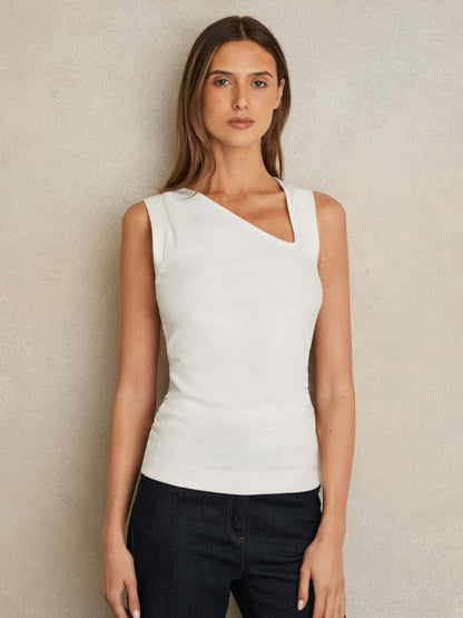 Stretch-Cotton Ribbed Asymmetric Vest in White Women | Reiss
