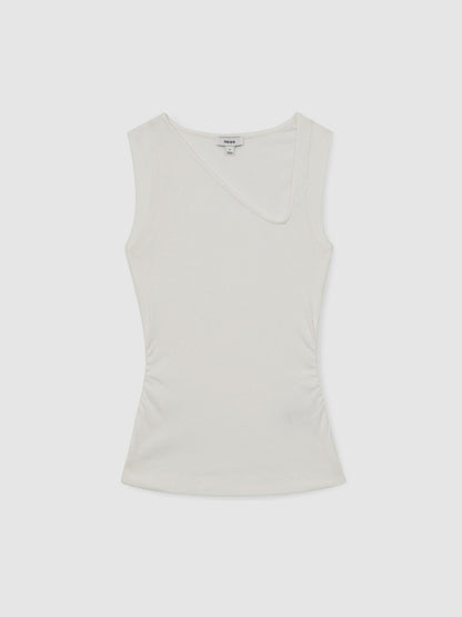 Stretch-Cotton Ribbed Asymmetric Vest in White Women | Reiss