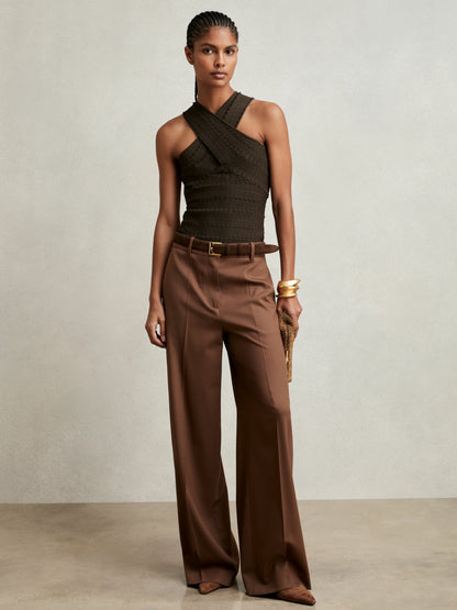 Cross Neck Textured Top in Chocolate Women | Reiss