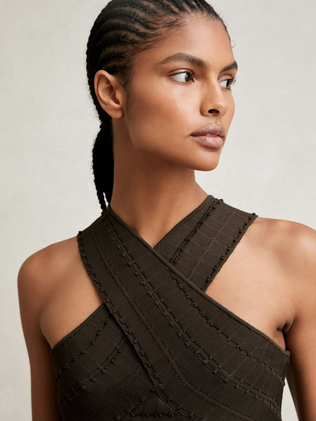 Cross Neck Textured Top in Chocolate Women | Reiss