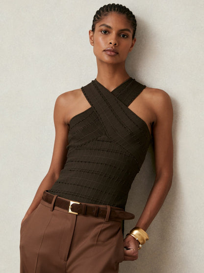 Cross Neck Textured Top in Chocolate Women | Reiss