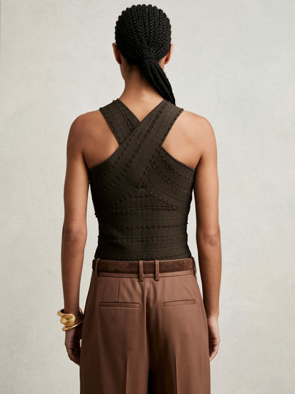 Cross Neck Textured Top in Chocolate Women | Reiss