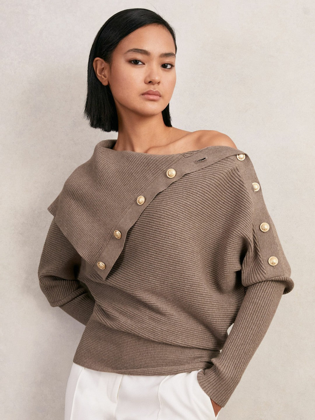 Rib-Knit Button Shawl Jumper in Taupe Women | Reiss