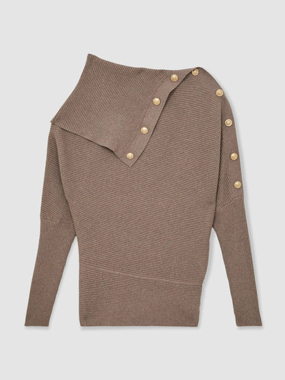 Rib-Knit Button Shawl Jumper in Taupe Women | Reiss