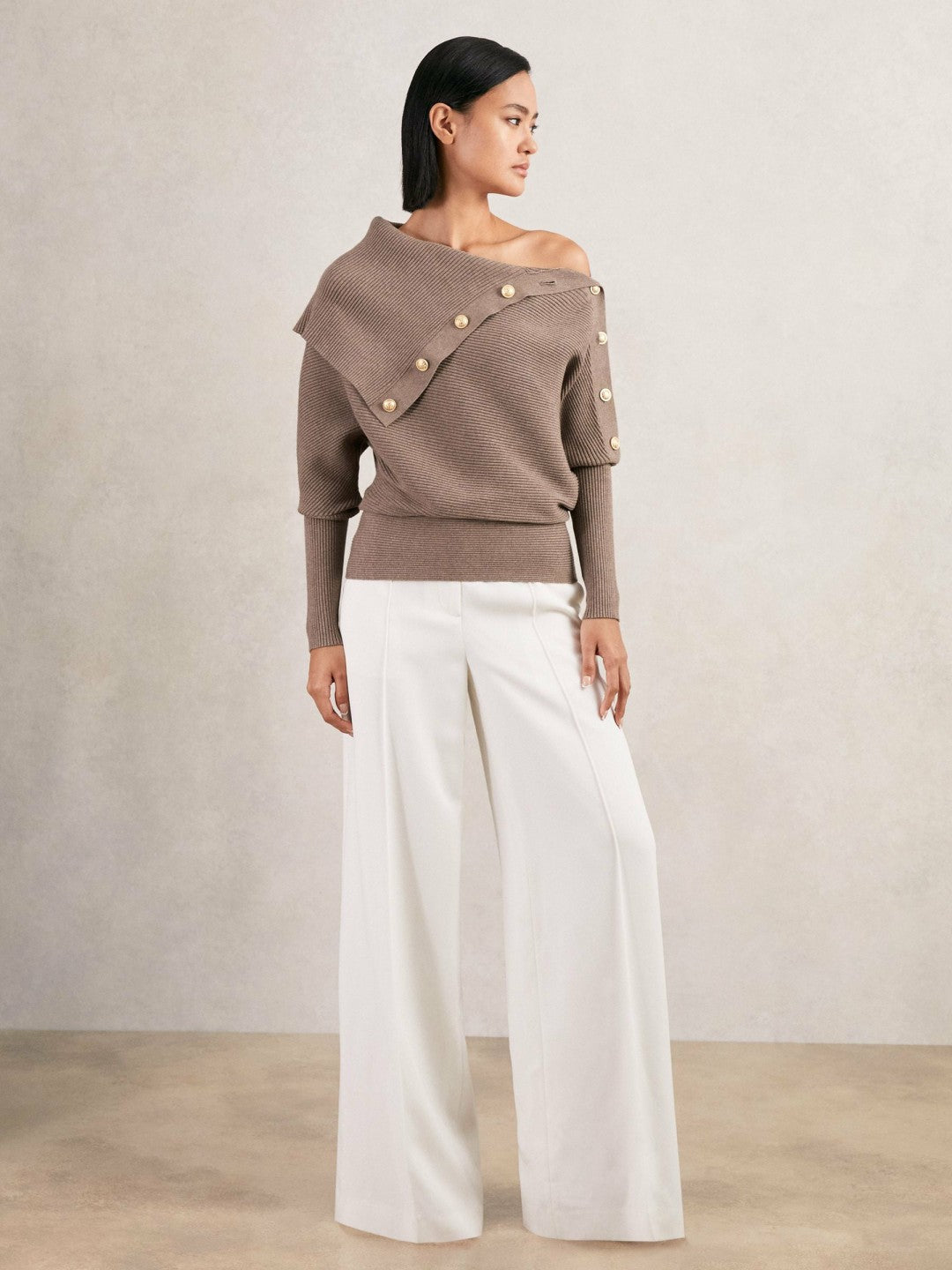 Rib-Knit Button Shawl Jumper in Taupe Women | Reiss