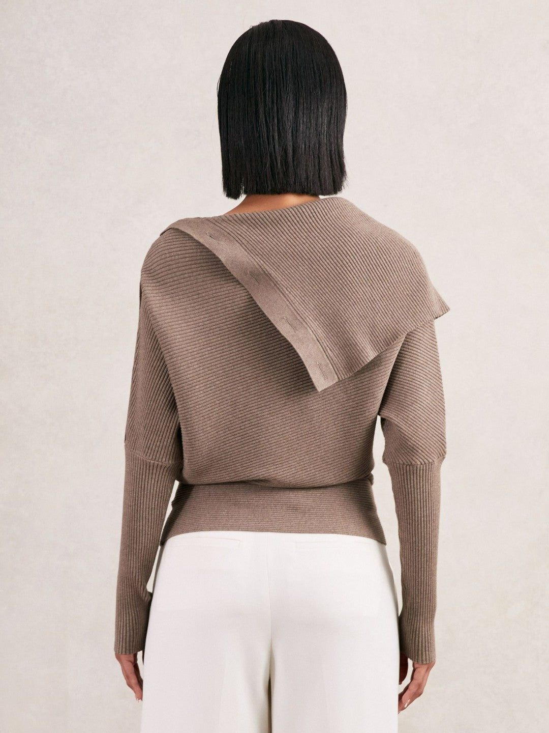Rib-Knit Button Shawl Jumper in Taupe Women | Reiss