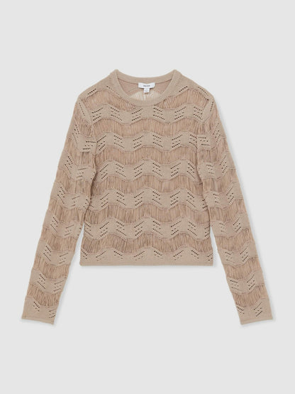 Cotton Blend Ladder Knit Top in Taupe Neutral Women | Reiss