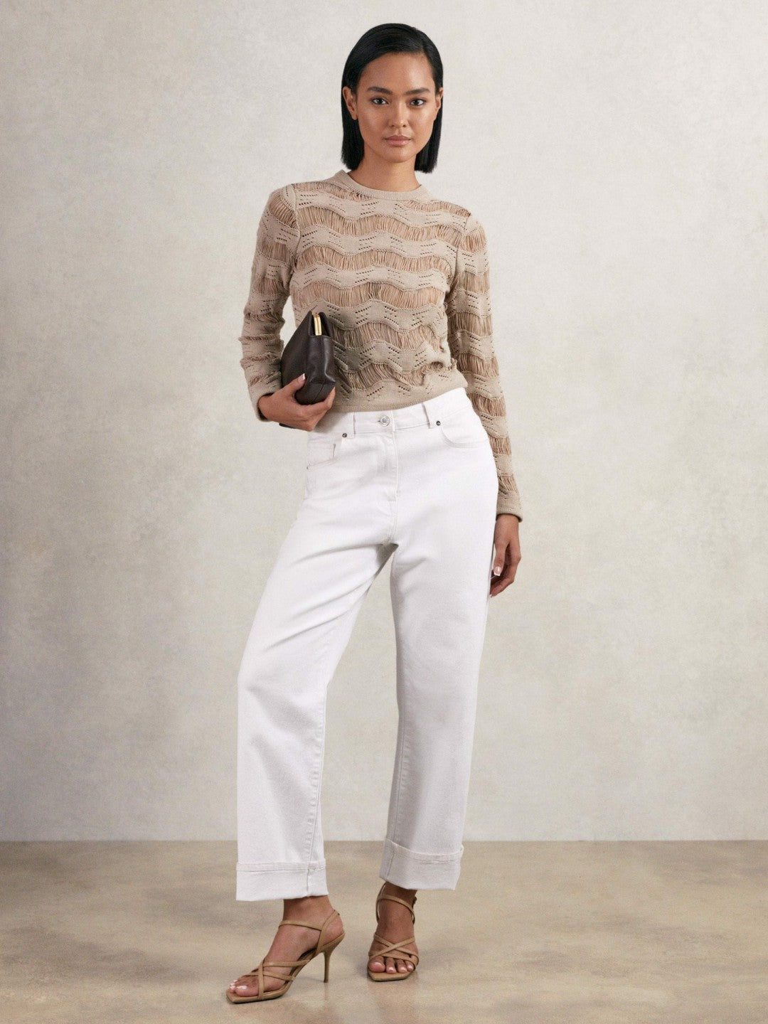 Cotton Blend Ladder Knit Top in Taupe Neutral Women | Reiss