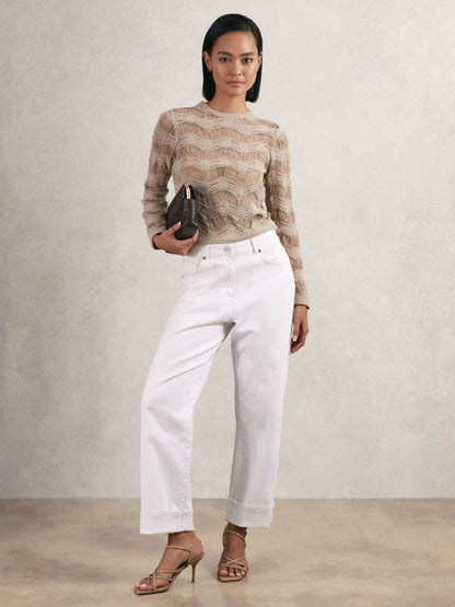 Cotton Blend Ladder Knit Top in Taupe Neutral Women | Reiss