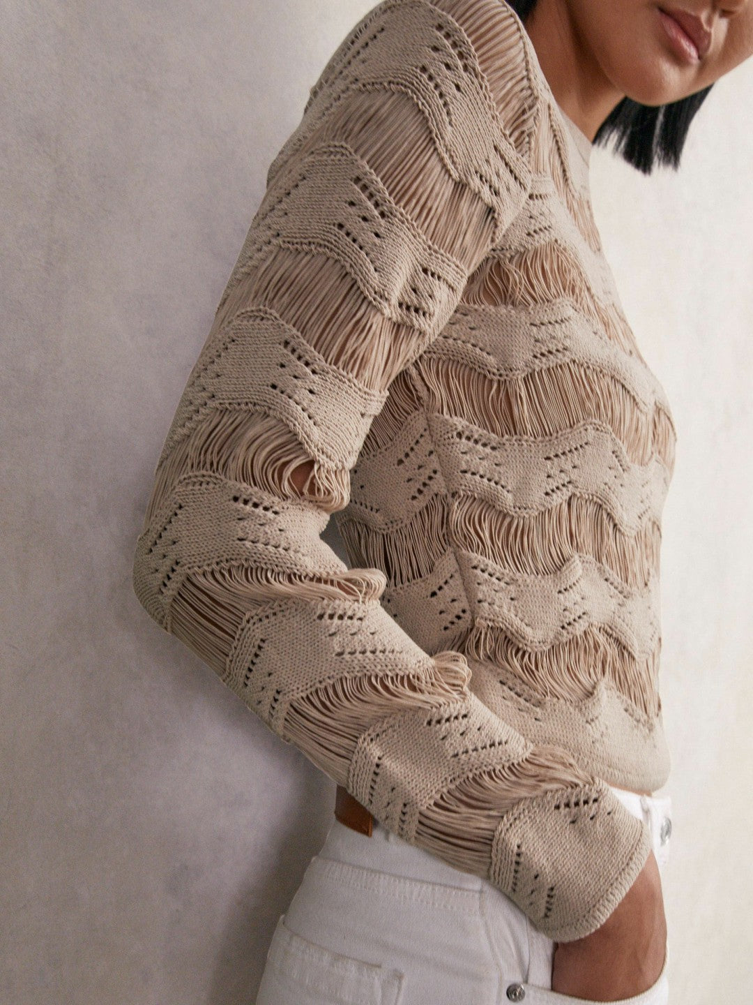 Cotton Blend Ladder Knit Top in Taupe Neutral Women | Reiss