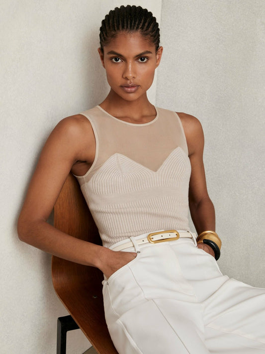 Mesh Rib-Knit Sweetheart Vest in Pink Neutral Women | Reiss