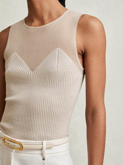 Mesh Rib-Knit Sweetheart Vest in Pink Neutral Women | Reiss