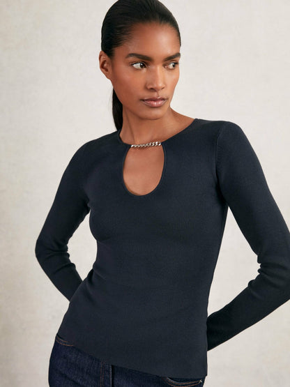 Chain-Detail Keyhole Knit Top in Navy Women | Reiss