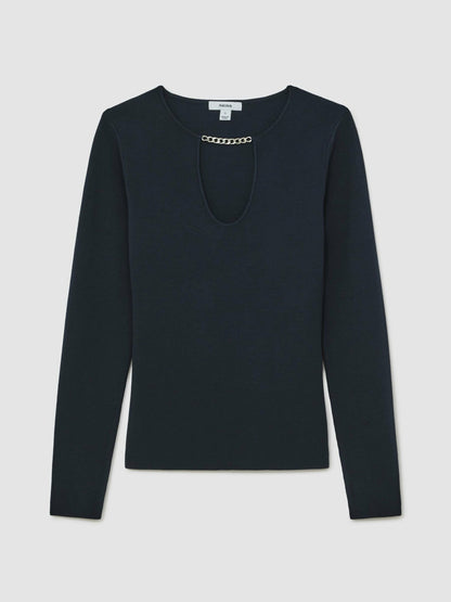 Chain-Detail Keyhole Knit Top in Navy Women | Reiss