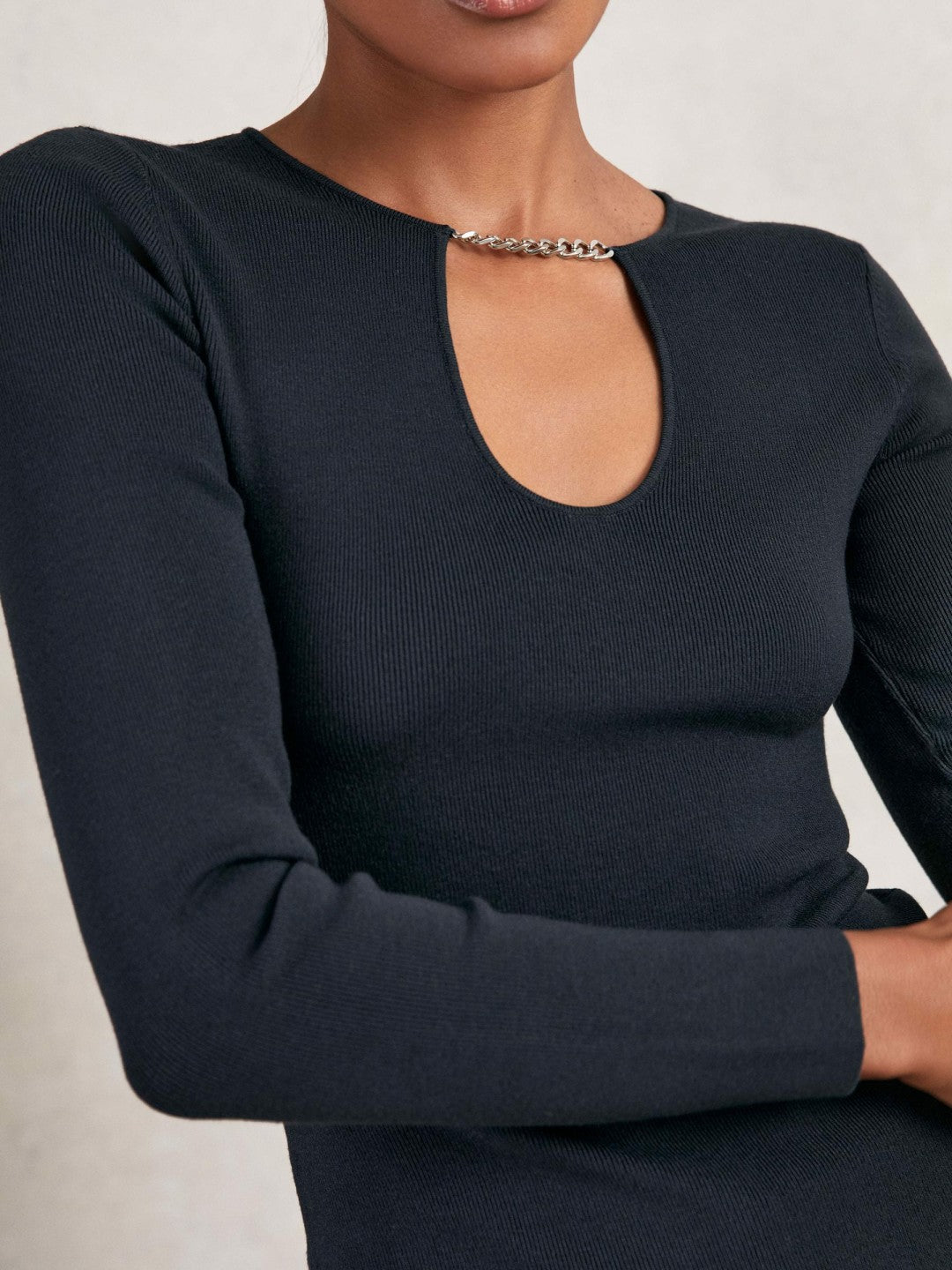Chain-Detail Keyhole Knit Top in Navy Women | Reiss
