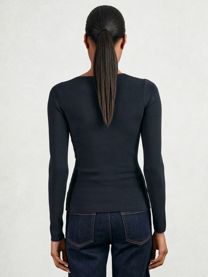 Chain-Detail Keyhole Knit Top in Navy Women | Reiss