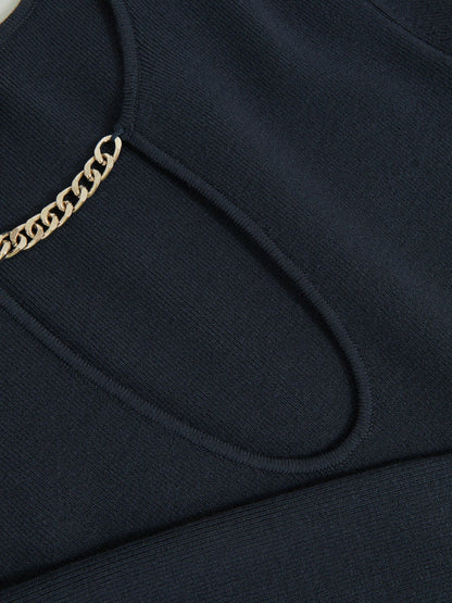 Chain-Detail Keyhole Knit Top in Navy Women | Reiss