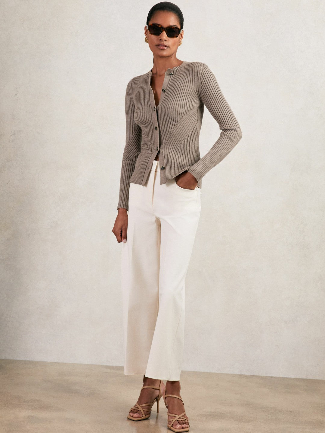 Button Front Knit Cardigan in Stone Women | Reiss