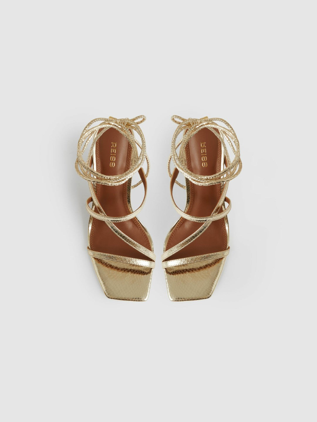 Leather Metallic Strappy Heeled Sandals in Gold Women | Reiss