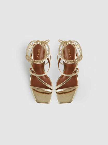 Leather Metallic Strappy Heeled Sandals in Gold Women | Reiss