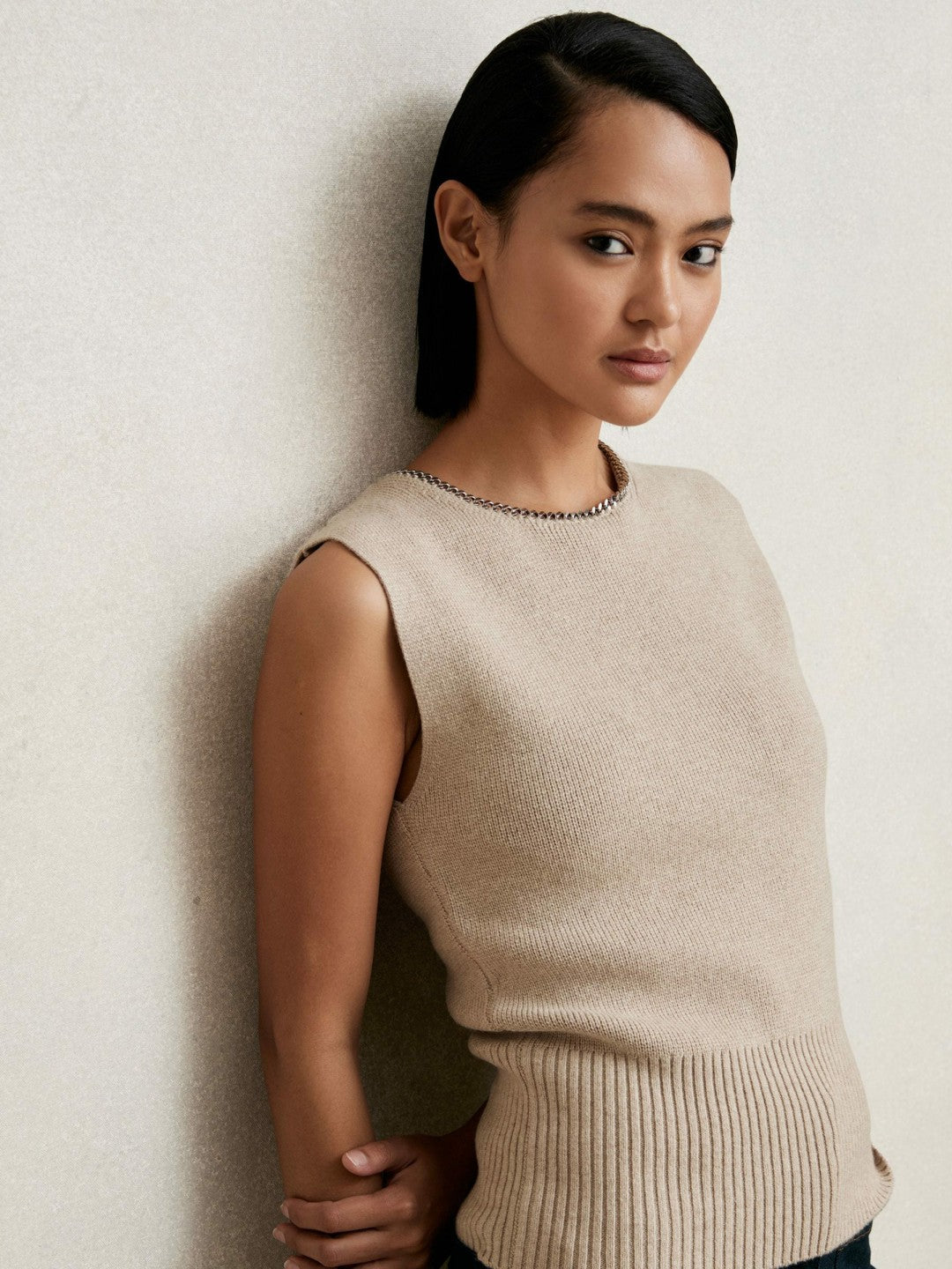 Wool-Blend Necklace-Trim Knitted Vest in Neutral Women | Reiss