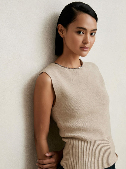 Wool-Blend Necklace-Trim Knitted Vest in Neutral Women | Reiss