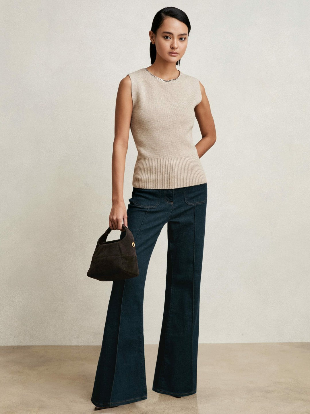 Wool-Blend Necklace-Trim Knitted Vest in Neutral Women | Reiss