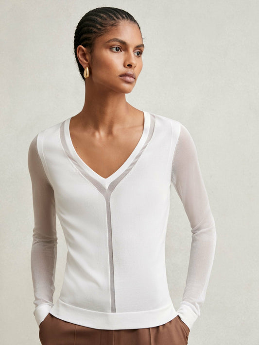 Sheer-Detail V-Neck Top in White Women | Reiss