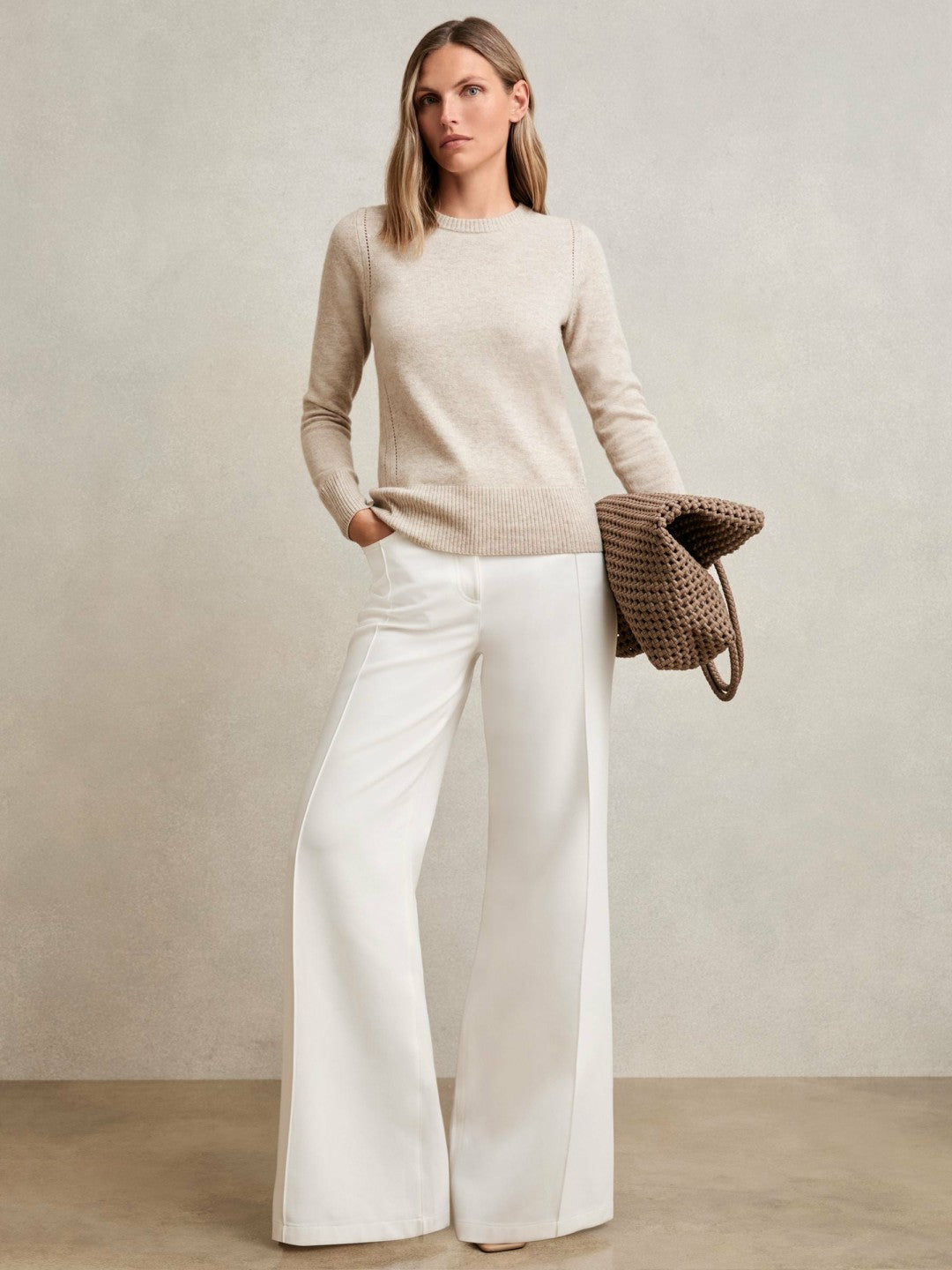 Wool-Blend Open-Stitch Jumper with Cashmere in Oatmeal Neutral Women | Reiss