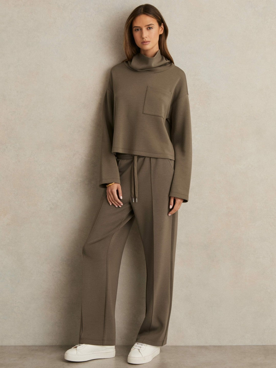 Petite Modal-Blend Interlock Wide-Leg Joggers in Khaki Green Women | Reiss
