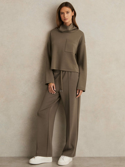 Petite Modal-Blend Interlock Wide-Leg Joggers in Khaki Green Women | Reiss