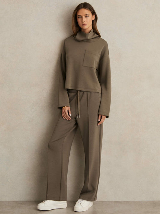 Petite Modal-Blend Interlock Wide-Leg Joggers in Khaki Green Women | Reiss