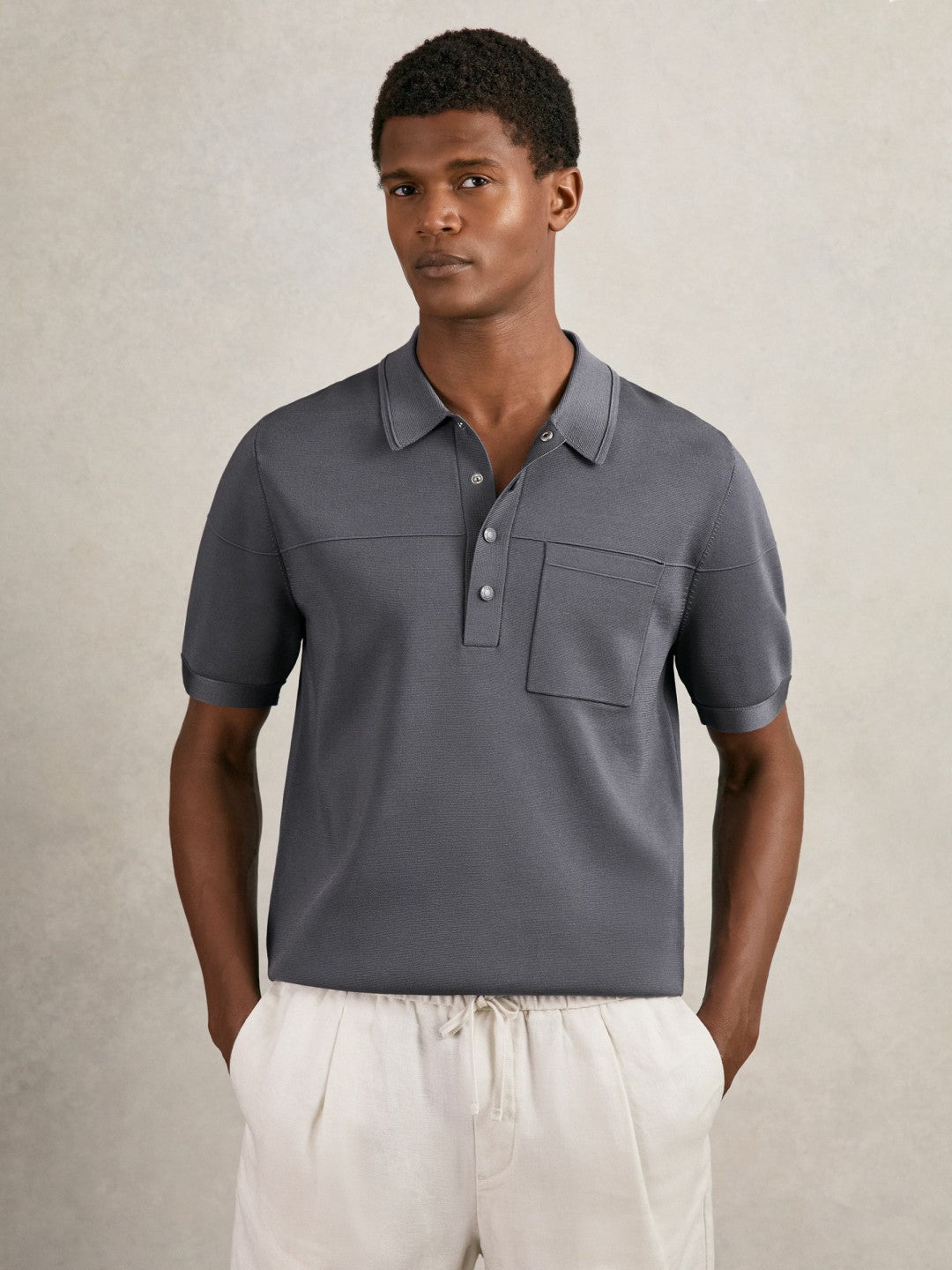 Press-Stud Seam-Detail Polo Shirt in Airforce Blue Men | Reiss