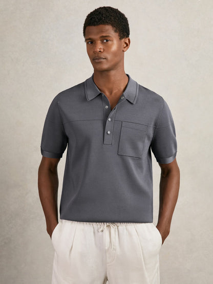 Press-Stud Seam-Detail Polo Shirt in Airforce Blue Men | Reiss