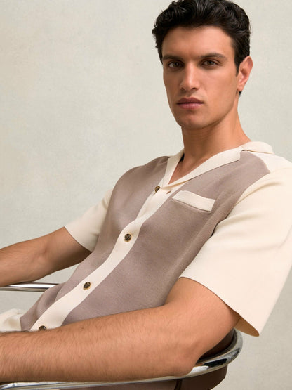Colour-Block Cuban-Collar Knit Shirt in Taupe Brown/Light Stone Men | Reiss