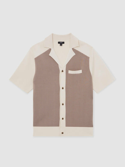 Colour-Block Cuban-Collar Knit Shirt in Taupe Brown/Light Stone Men | Reiss