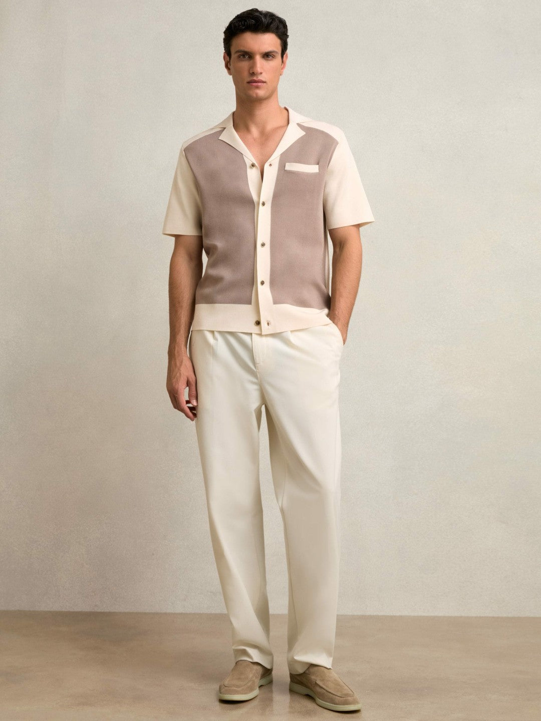 Colour-Block Cuban-Collar Knit Shirt in Taupe Brown/Light Stone Men | Reiss