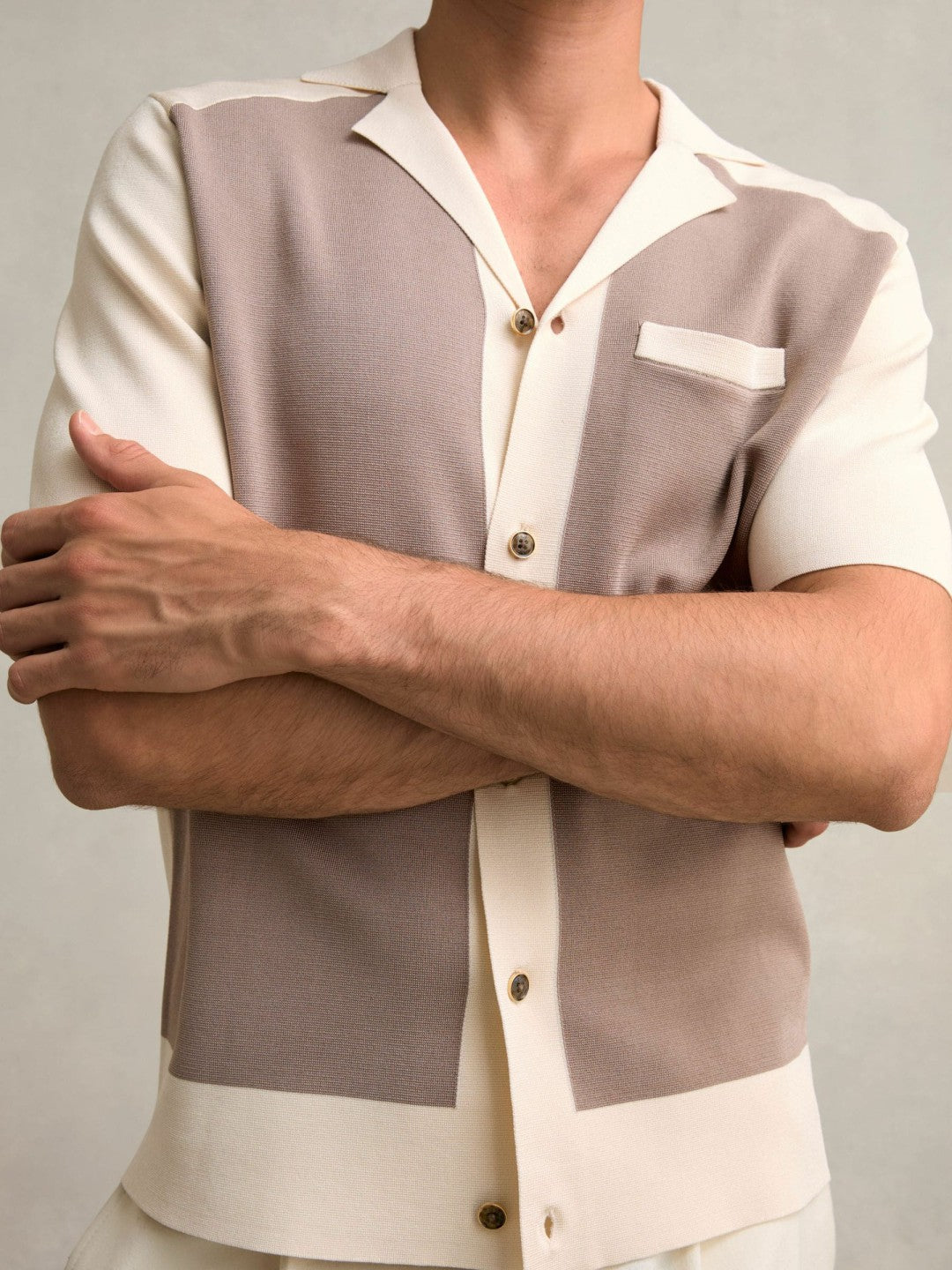 Colour-Block Cuban-Collar Knit Shirt in Taupe Brown/Light Stone Men | Reiss
